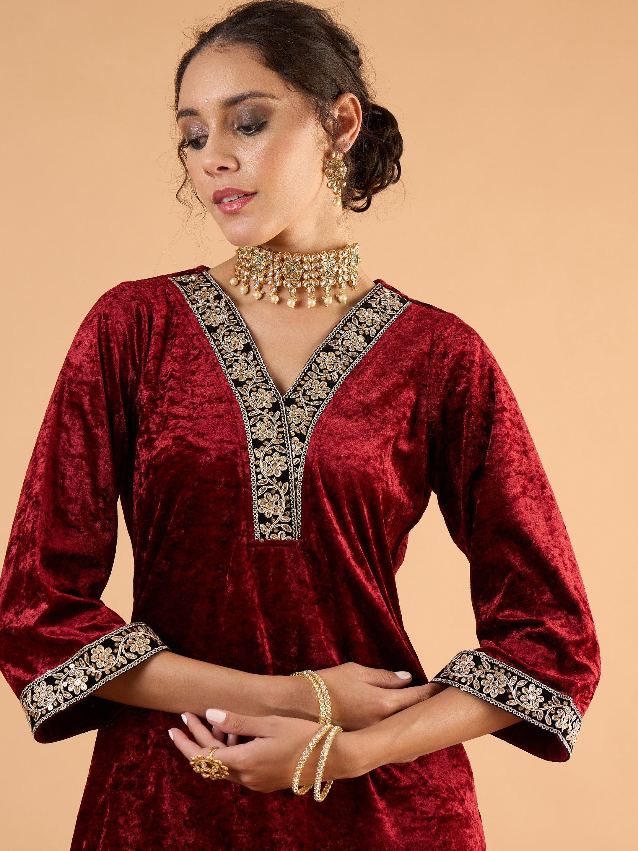 Women Maroon Velvet Embroidered Short Kurta With Straight Pants-SHSET96647