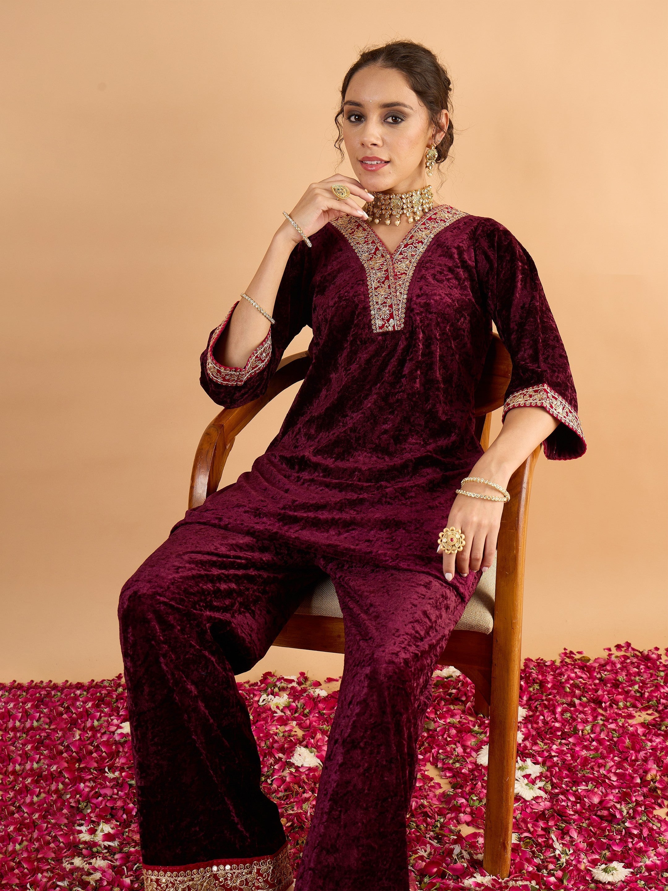 Women Purple Velvet Embroidered Short Kurta With Straight Pants-SHSET96648