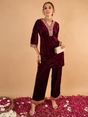 Women Purple Velvet Embroidered Short Kurta With Straight Pants-SHSET96648