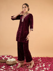 Women Purple Velvet Embroidered Short Kurta With Straight Pants-SHSET96648