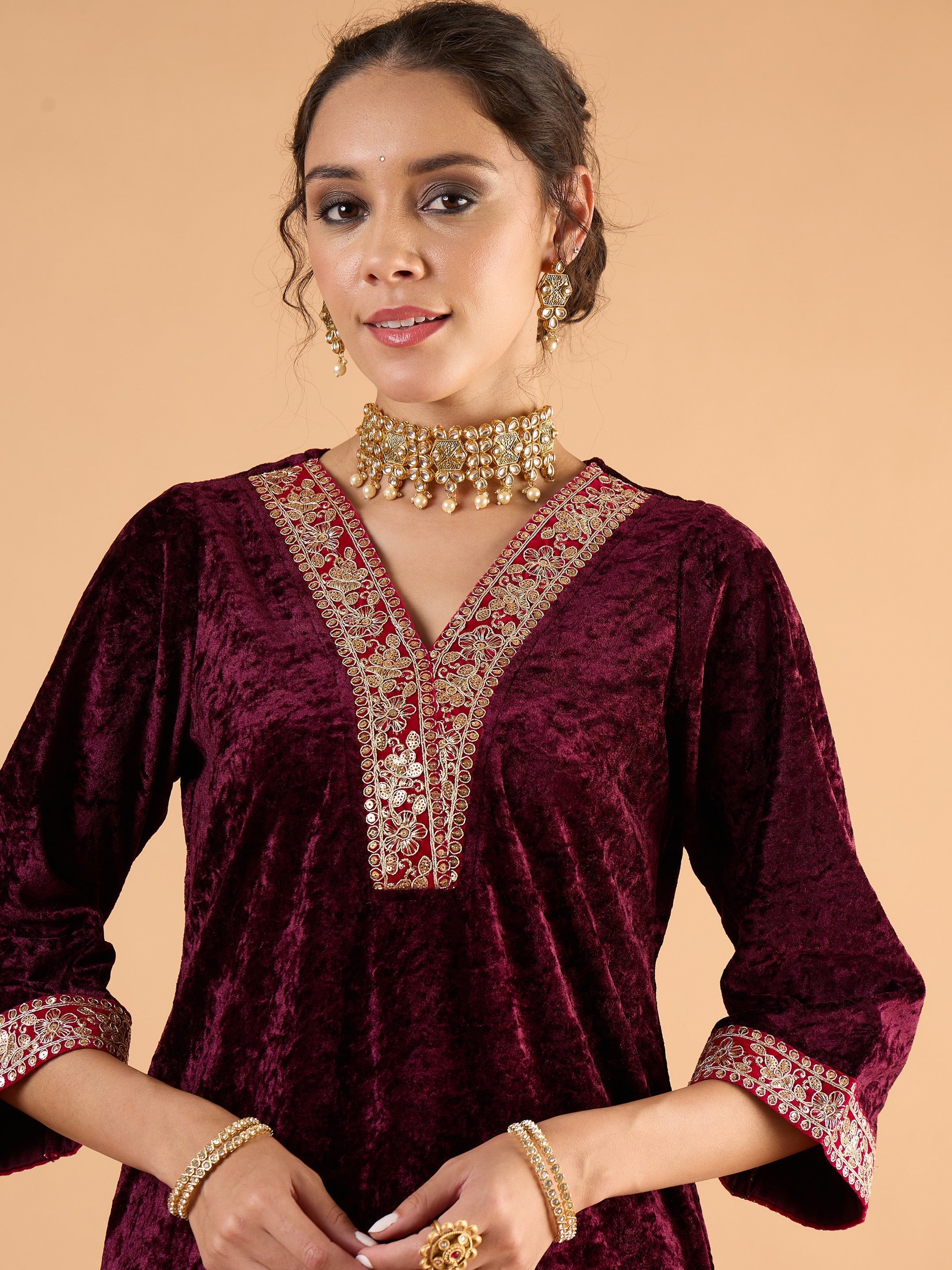 Women Purple Velvet Embroidered Short Kurta With Straight Pants-SHSET96648