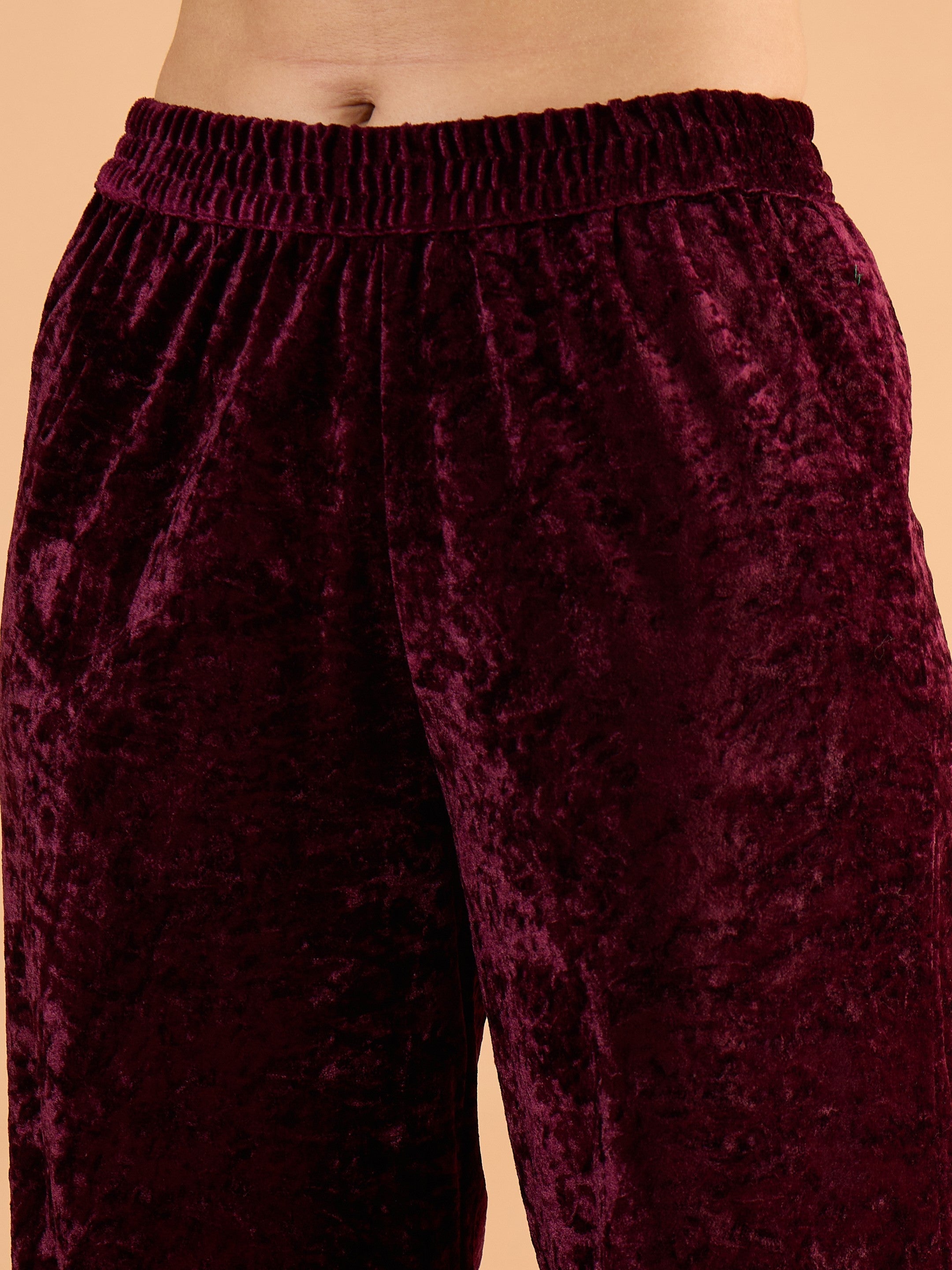 Women Purple Velvet Embroidered Short Kurta With Straight Pants-SHSET96648