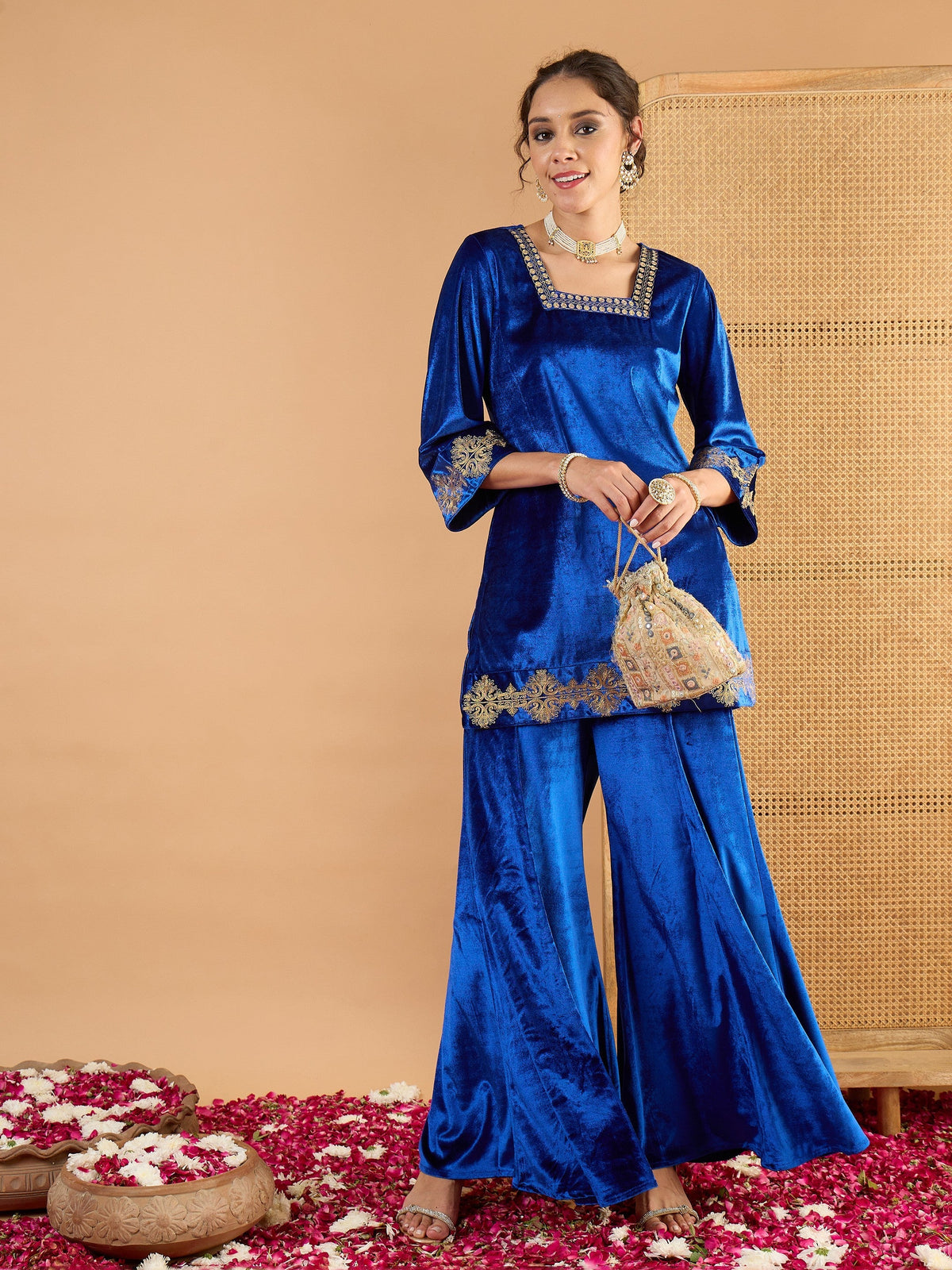 Women Blue Velvet Embroidered Glass Neck Short Kurta With Palazzos-SHSET96649