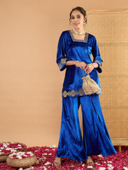 Women Blue Velvet Embroidered Glass Neck Short Kurta With Palazzos-SHSET96649