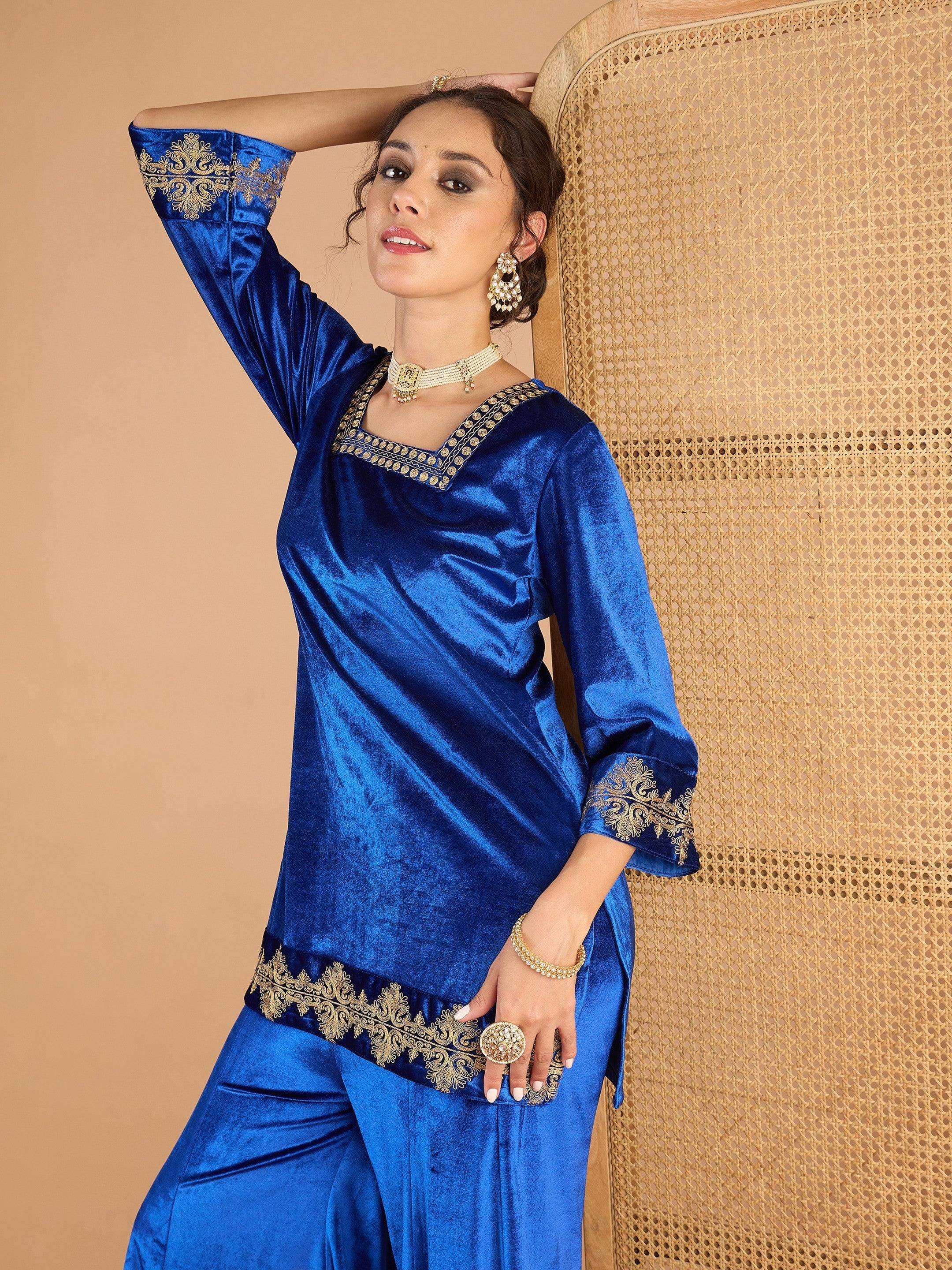 Women Blue Velvet Embroidered Glass Neck Short Kurta With Palazzos-SHSET96649