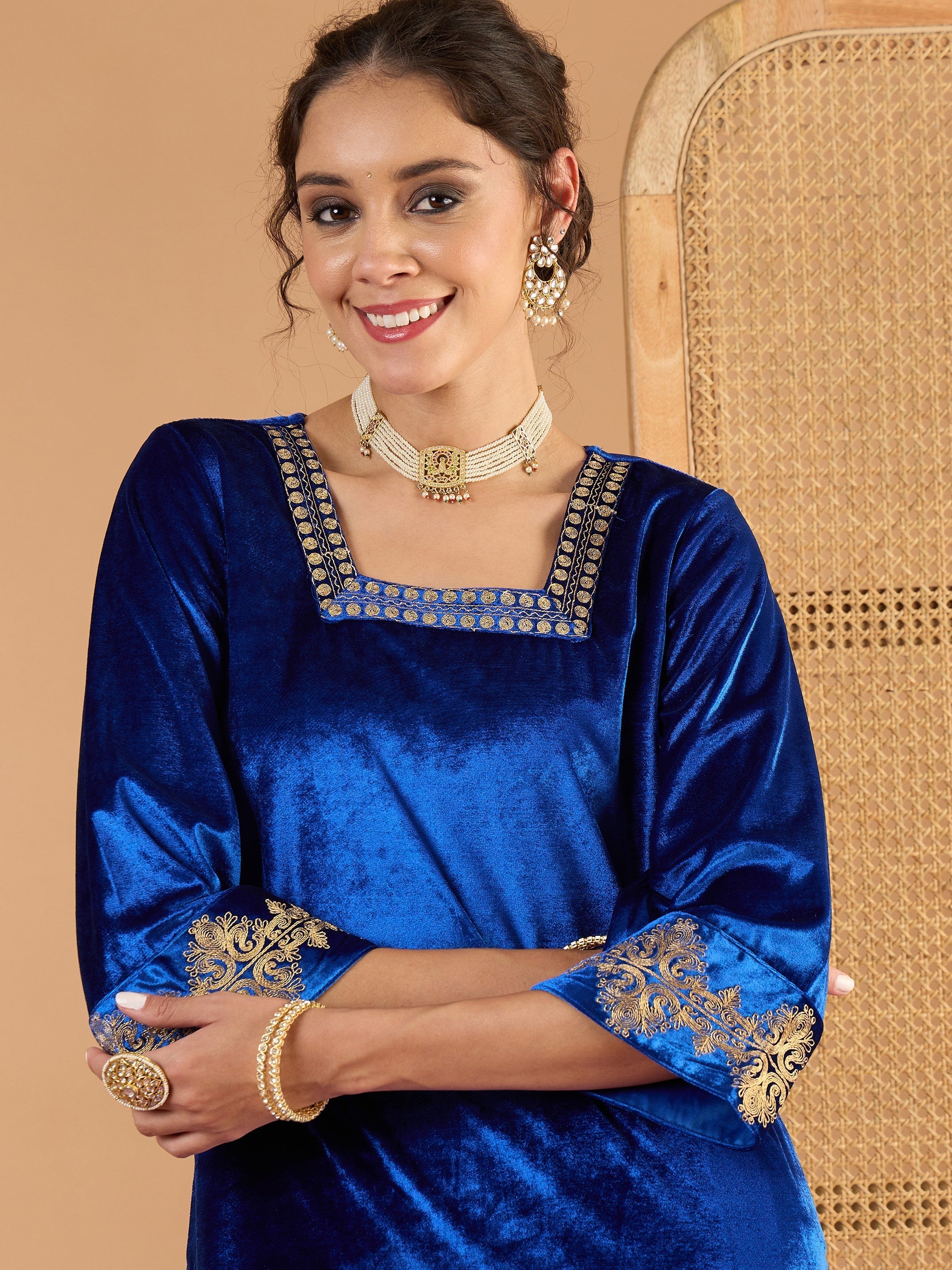 Women Blue Velvet Embroidered Glass Neck Short Kurta With Palazzos-SHSET96649