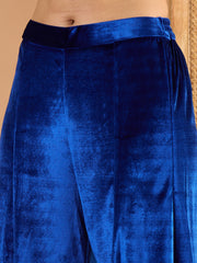 Women Blue Velvet Embroidered Glass Neck Short Kurta With Palazzos-SHSET96649