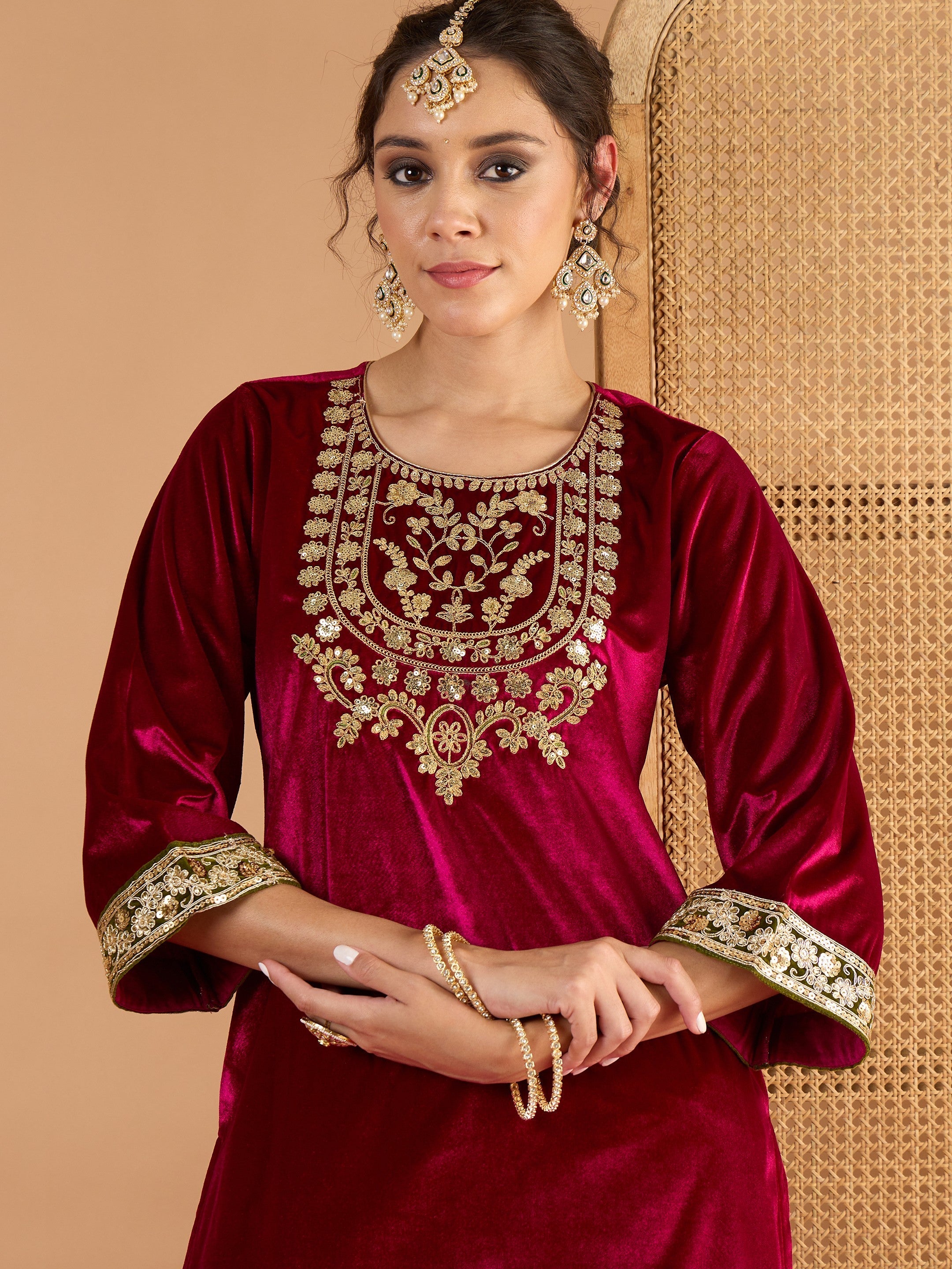 Women Fuchsia Velvet Embroidered Short Kurta With Straight Pants-SHSET96650