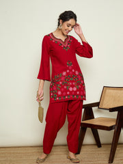 Women Red Woollen Embroidered Sweetheart Short Kurta With Farshi Salwar-SHSET96651