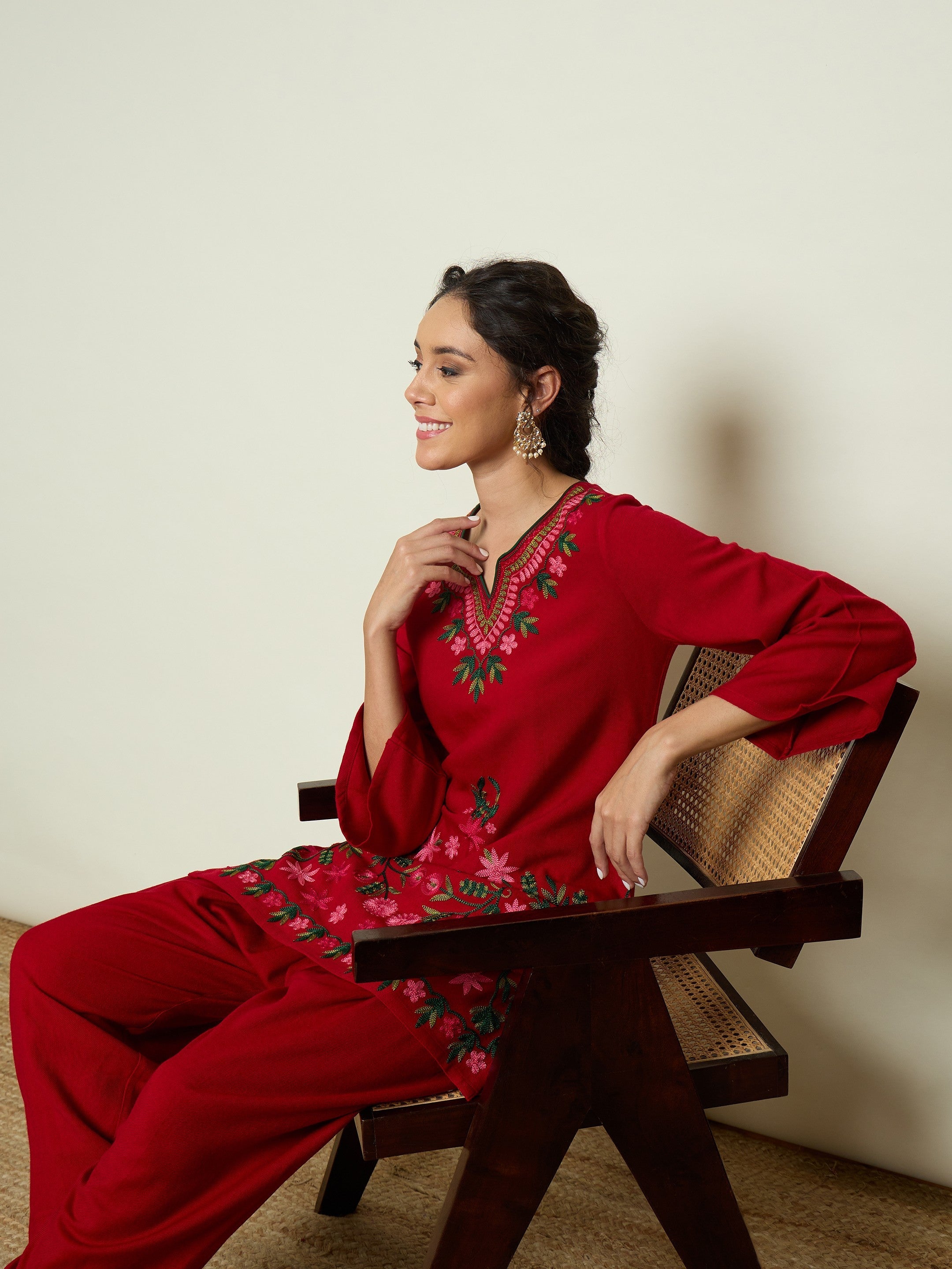 Women Red Woollen Embroidered Sweetheart Short Kurta With Farshi Salwar-SHSET96651
