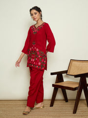 Women Red Woollen Embroidered Sweetheart Short Kurta With Farshi Salwar-SHSET96651