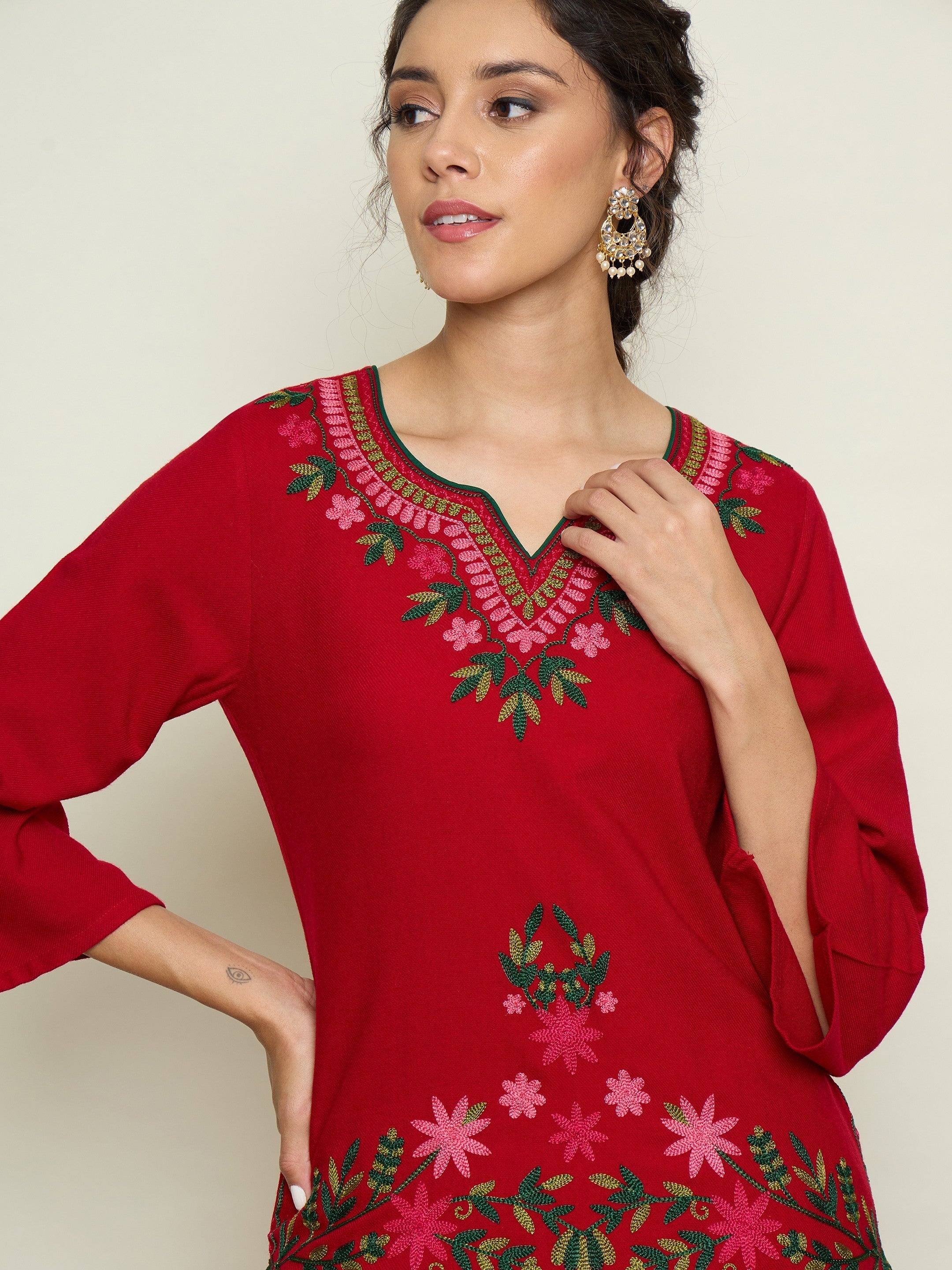 Women Red Woollen Embroidered Sweetheart Short Kurta With Farshi Salwar-SHSET96651