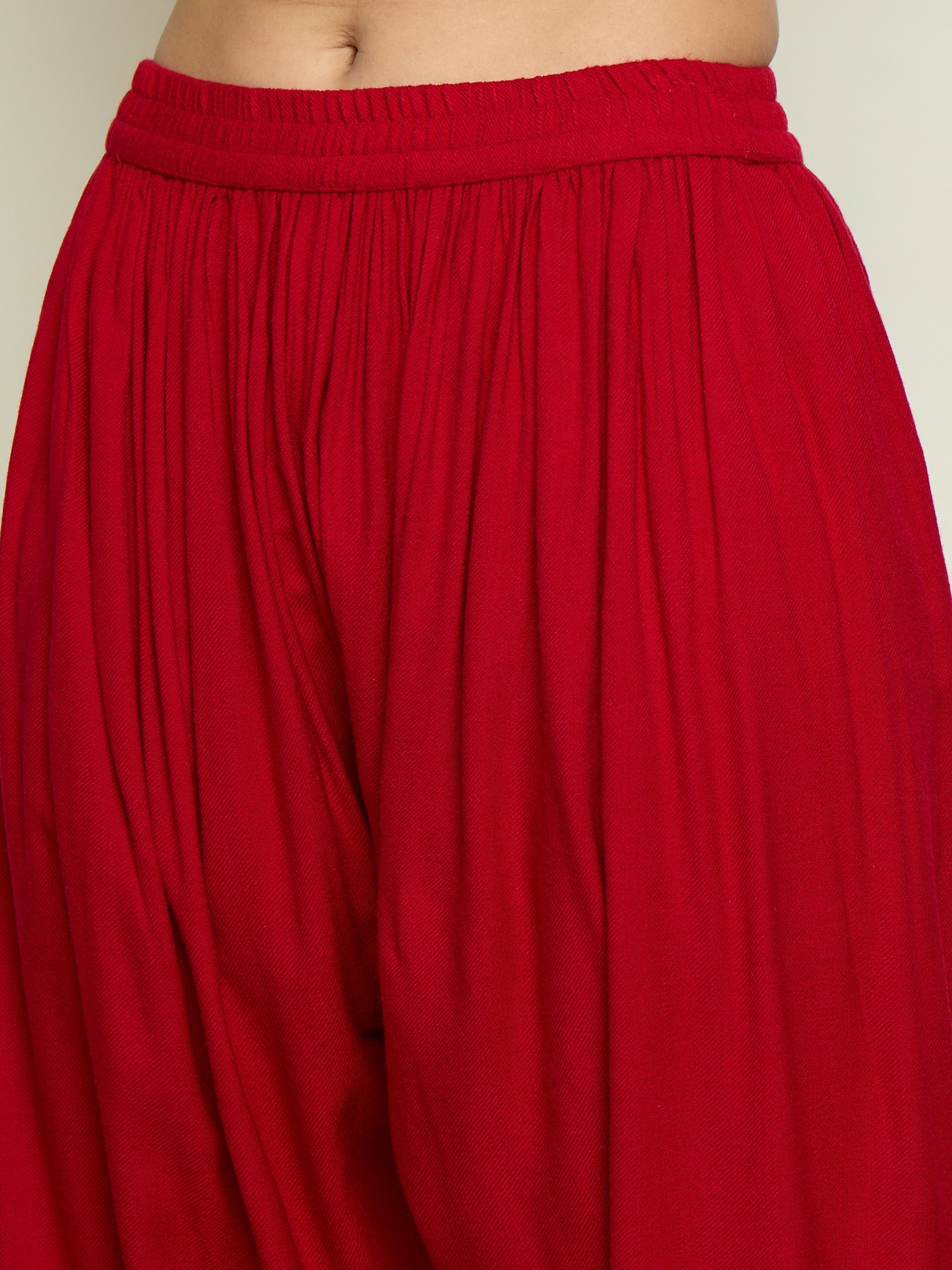 Women Red Woollen Embroidered Sweetheart Short Kurta With Farshi Salwar-SHSET96651