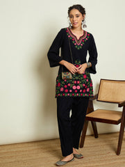 Women Black Woollen Embroidered Sweetheart Short Kurta With Farshi Salwar-SHSET96652