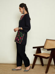 Women Black Woollen Embroidered Sweetheart Short Kurta With Farshi Salwar-SHSET96652
