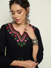 Women Black Woollen Embroidered Sweetheart Short Kurta With Farshi Salwar-SHSET96652