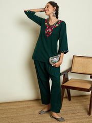 Women Green Woollen Embroidered V-Neck Short Kurta With Farshi Salwar-SHSET96653