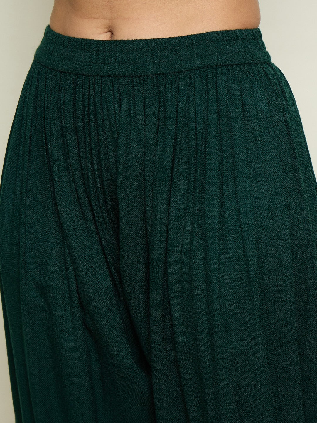 Women Green Woollen Embroidered V-Neck Short Kurta With Farshi Salwar-SHSET96653