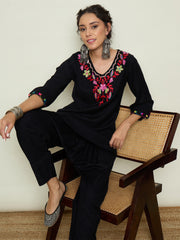 Women Black Woollen Embroidered V-Neck Short Kurta With Farshi Salwar-SHSET96654
