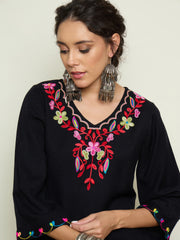 Women Black Woollen Embroidered V-Neck Short Kurta With Farshi Salwar-SHSET96654