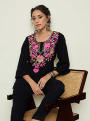 Women Black Woollen Embroidered Round Neck Short Kurta With Pencil Pants-SHSET96655