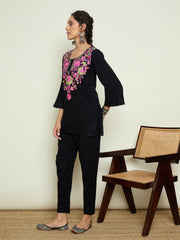 Women Black Woollen Embroidered Round Neck Short Kurta With Pencil Pants-SHSET96655