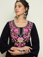 Women Black Woollen Embroidered Round Neck Short Kurta With Pencil Pants-SHSET96655