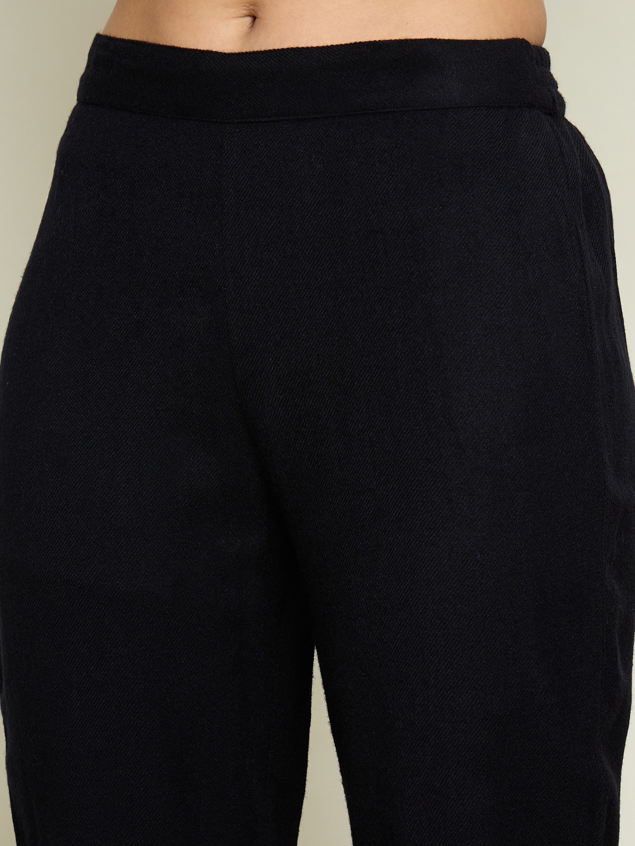 Women Black Woollen Embroidered Round Neck Short Kurta With Pencil Pants-SHSET96655