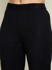 Women Black Woollen Embroidered Round Neck Short Kurta With Pencil Pants-SHSET96655