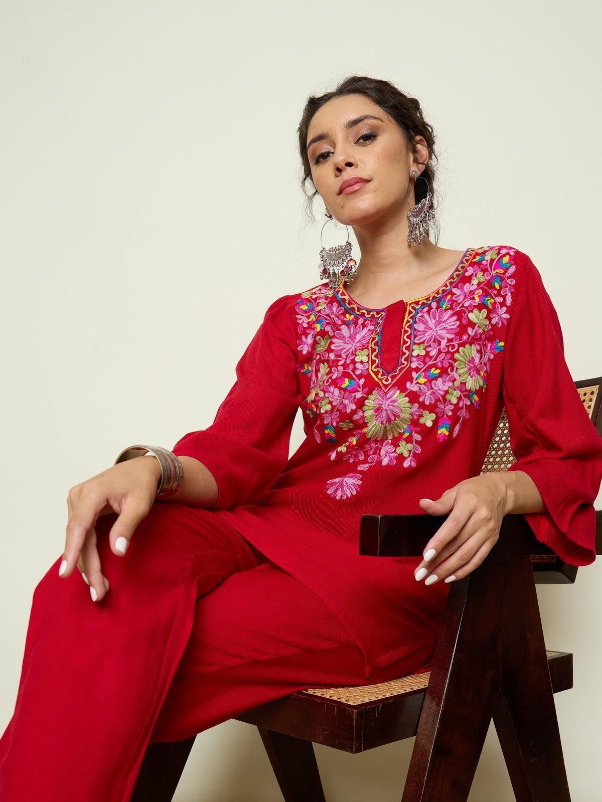 Women Red Woollen Embroidered Round Neck Short Kurta With Pencil Pants-SHSET96656