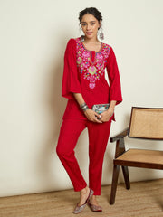 Women Red Woollen Embroidered Round Neck Short Kurta With Pencil Pants-SHSET96656