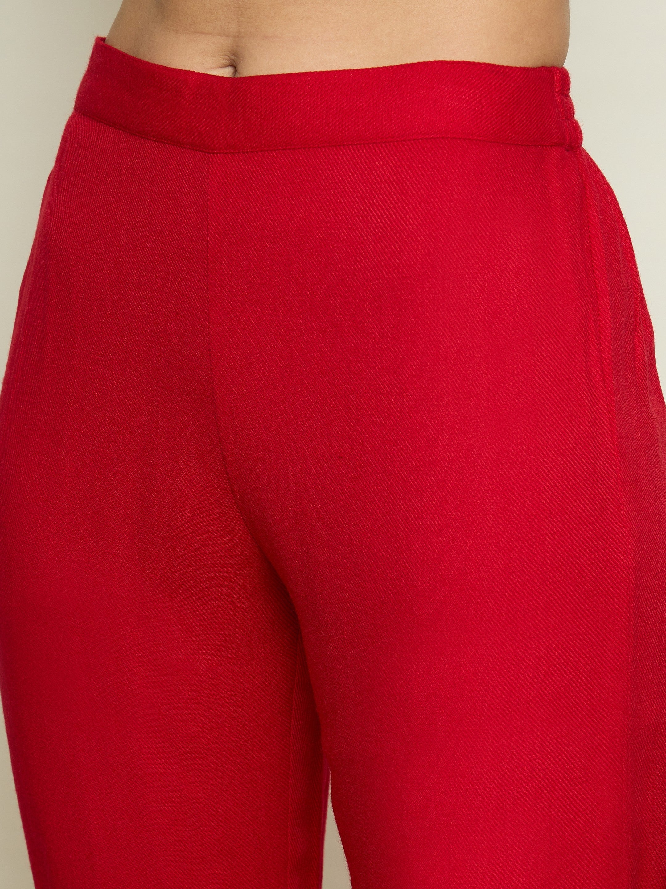 Women Red Woollen Embroidered Round Neck Short Kurta With Pencil Pants-SHSET96656