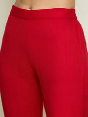 Women Red Woollen Embroidered Round Neck Short Kurta With Pencil Pants-SHSET96656