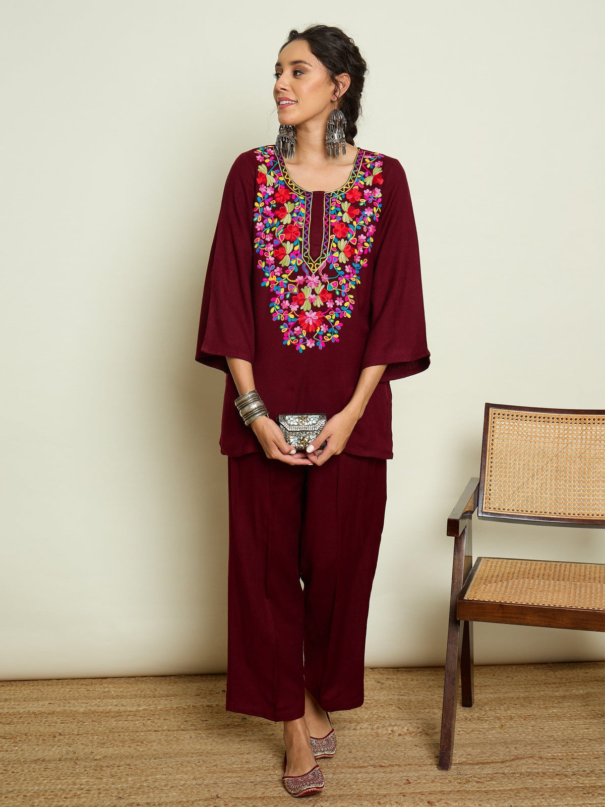Women Maroon Woollen Embroidered Round Neck Short Kurta With Straight Pants-SHSET96658