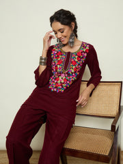 Women Maroon Woollen Embroidered Round Neck Short Kurta With Straight Pants-SHSET96658