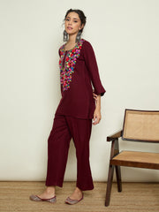 Women Maroon Woollen Embroidered Round Neck Short Kurta With Straight Pants-SHSET96658