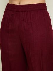 Women Maroon Woollen Embroidered Round Neck Short Kurta With Straight Pants-SHSET96658