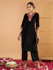 Women Black Velvet V Neck Embroidered Kurta With Straight Pants-SHSET96660