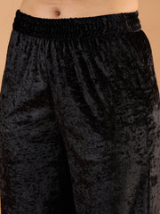 Women Black Velvet V Neck Embroidered Kurta With Straight Pants-SHSET96660