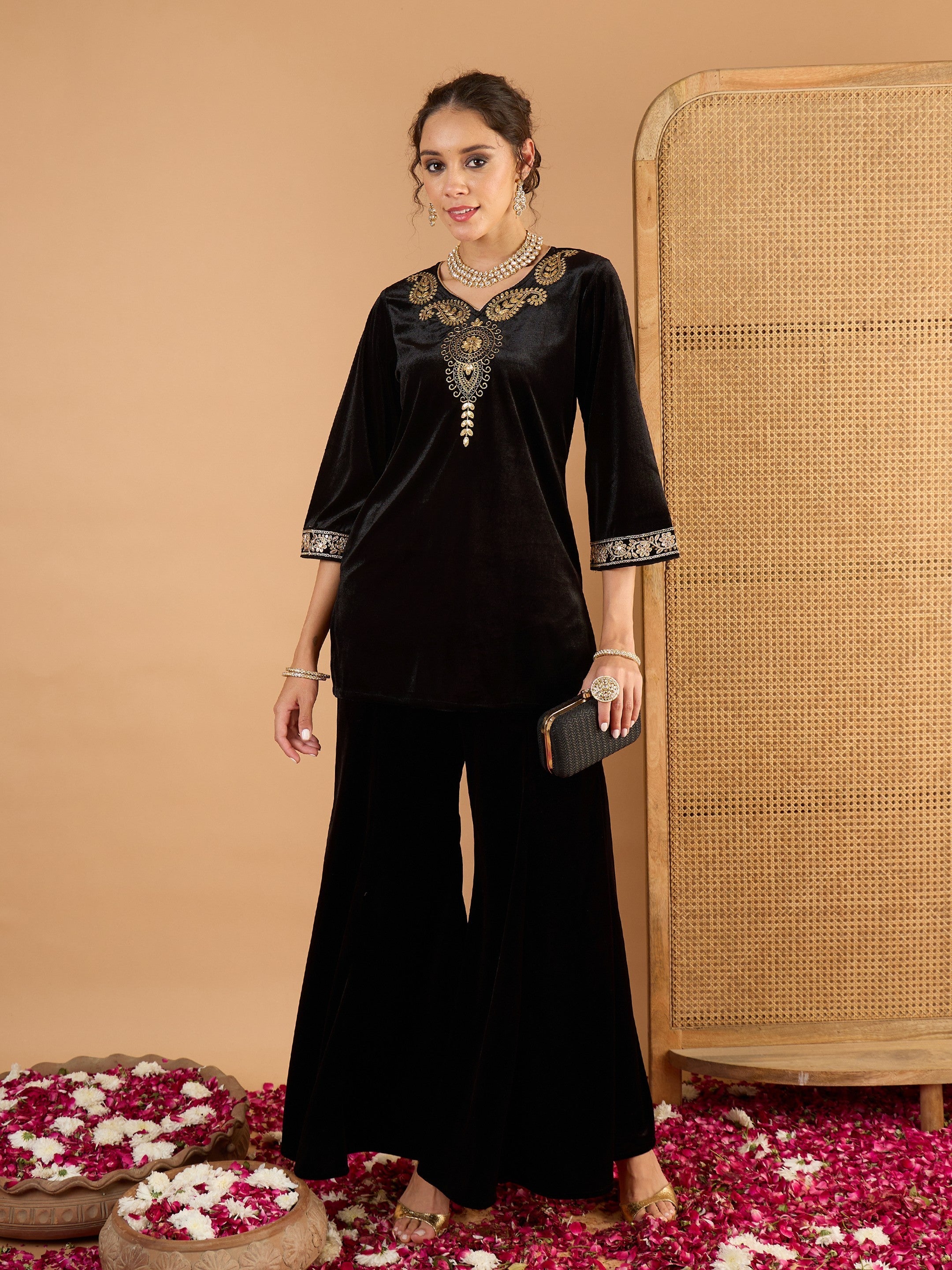 Women Black Velvet Embroidered V Neck Short Kurta With Palazzos-SHSET96661