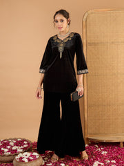 Women Black Velvet Embroidered V Neck Short Kurta With Palazzos-SHSET96661