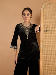 Women Black Velvet Embroidered V Neck Short Kurta With Palazzos-SHSET96661