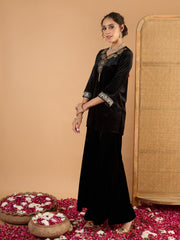 Women Black Velvet Embroidered V Neck Short Kurta With Palazzos-SHSET96661