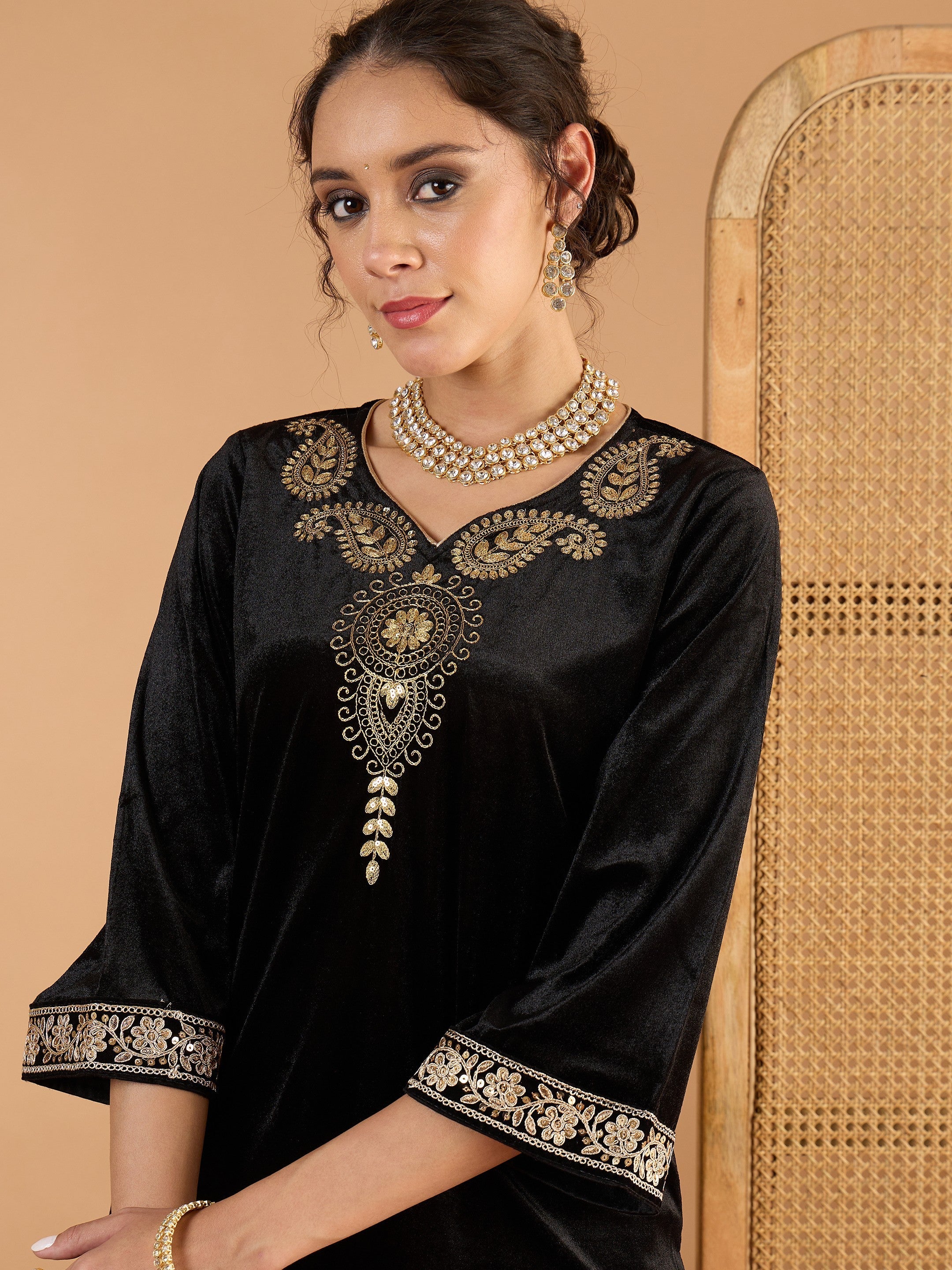 Women Black Velvet Embroidered V Neck Short Kurta With Palazzos-SHSET96661
