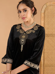 Women Black Velvet Embroidered V Neck Short Kurta With Palazzos-SHSET96661