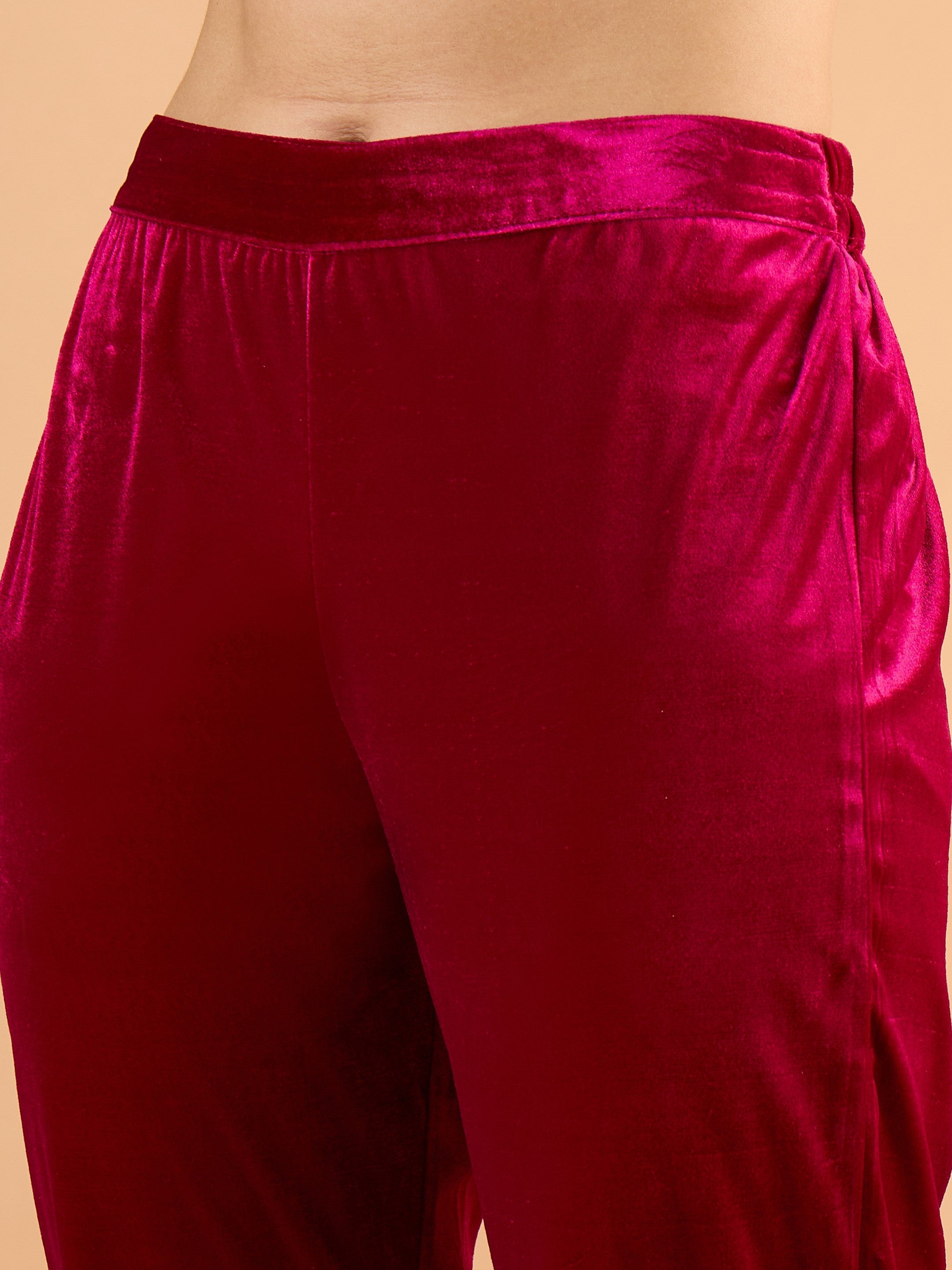 Women Fuchsia Velvet Embroidered Short Kurta With Pencil Pants-SHSET96662