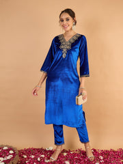 Women Royal Blue Velvet Embroidered Straight Kurta With Pencil Pants-SHSET96663