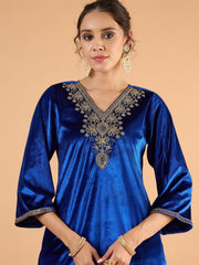 Women Royal Blue Velvet Embroidered Straight Kurta With Pencil Pants-SHSET96663