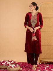 Women Maroon Velvet Embroidered Straight Kurta With Straight Pants-SHSET96664