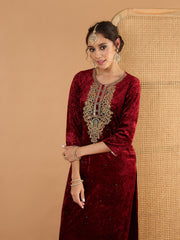 Women Maroon Velvet Embroidered Straight Kurta With Straight Pants-SHSET96664